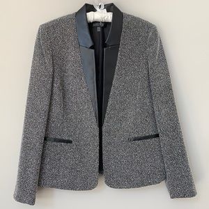 Kasper black white tweed faux leather trimmed blazer jacket fully lined size 12